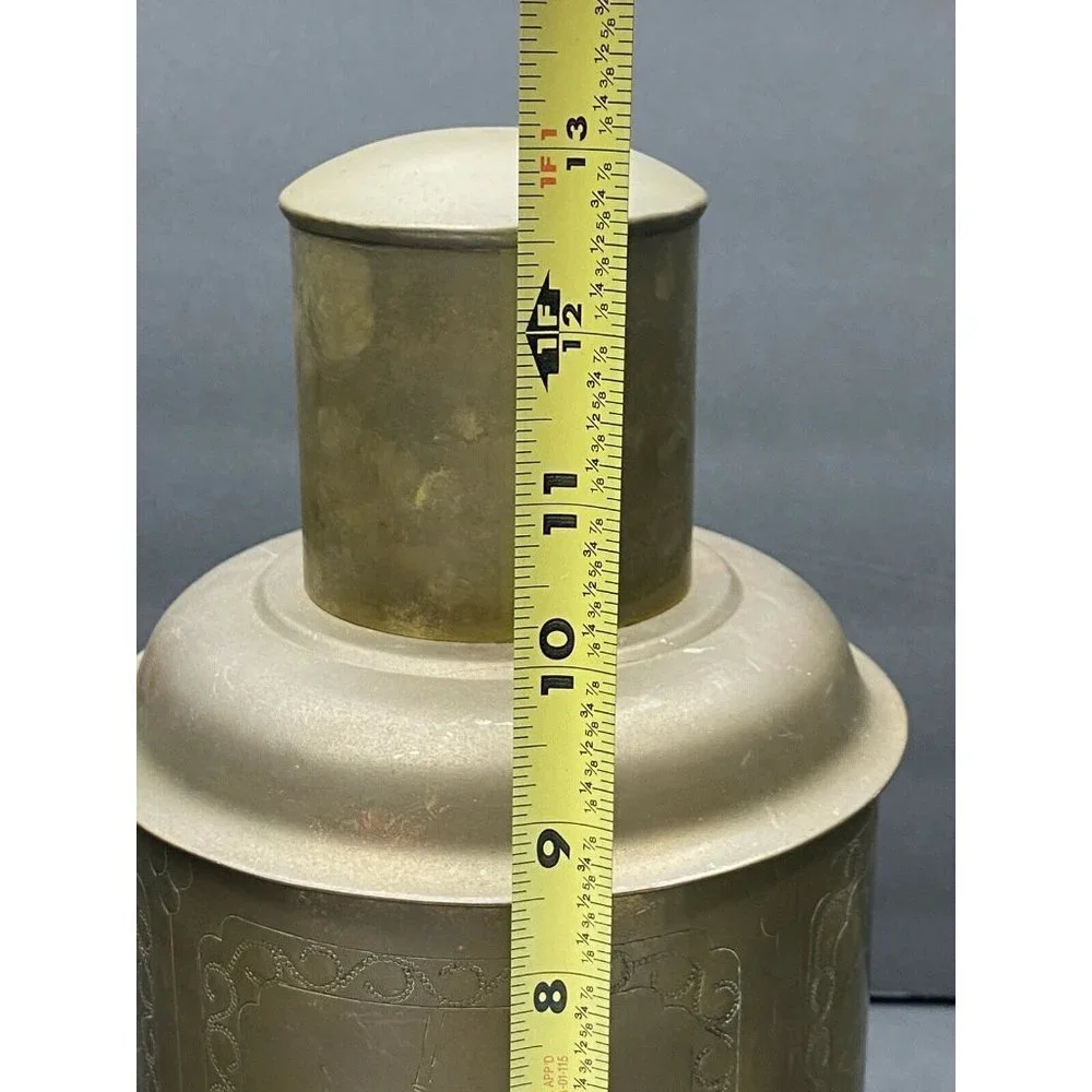 VTG 50s Brass‎ Tea Canister Jar Container Floral Etched Gold 12.5